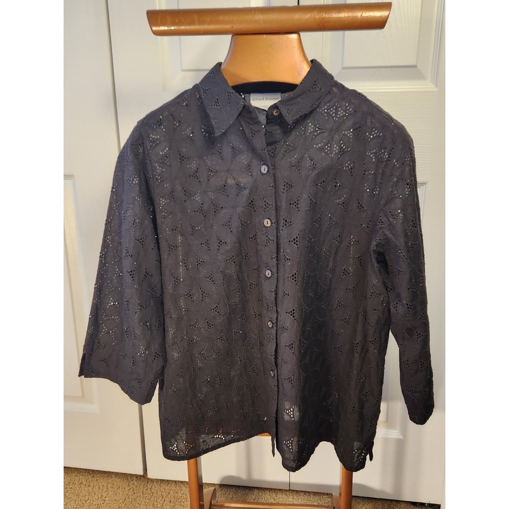 Alfred‎ Dunner Womens 100% Cotton Black Button Up 3/4 Sleeve Size 16P